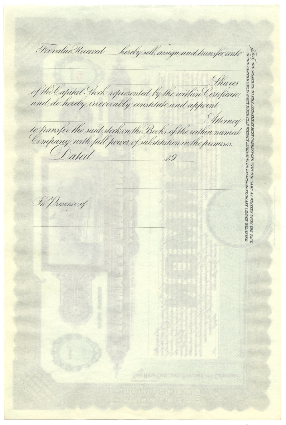 New England Steamship Company Stock Certificate