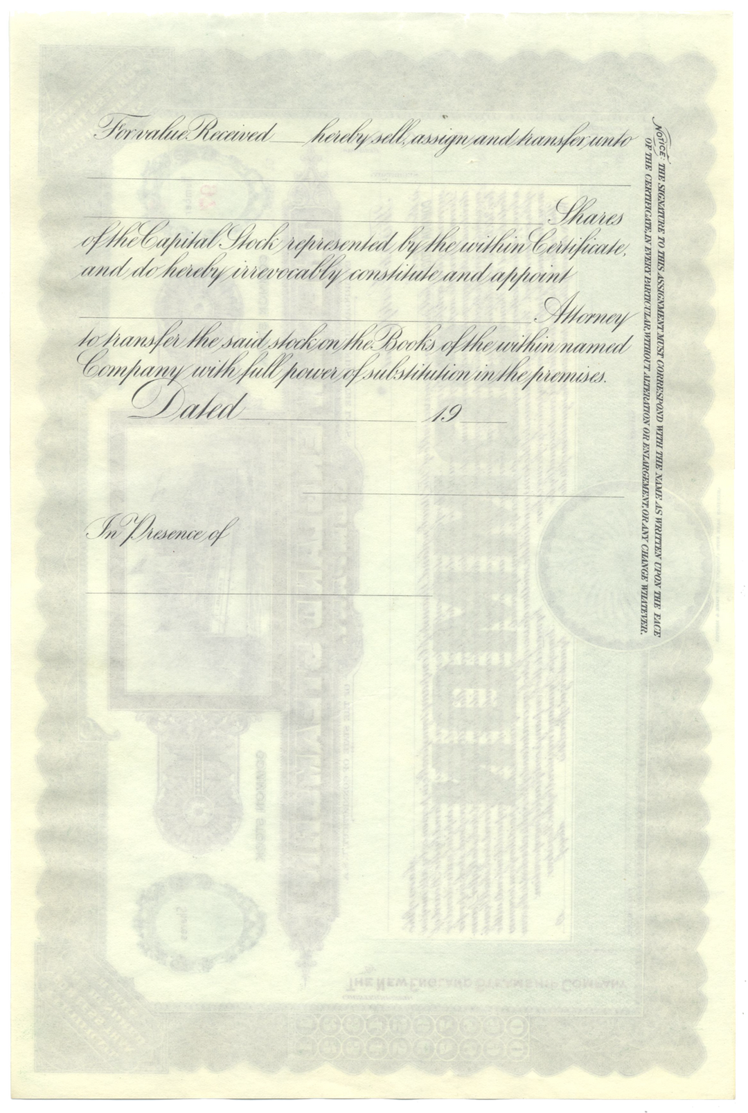 New England Steamship Company Stock Certificate