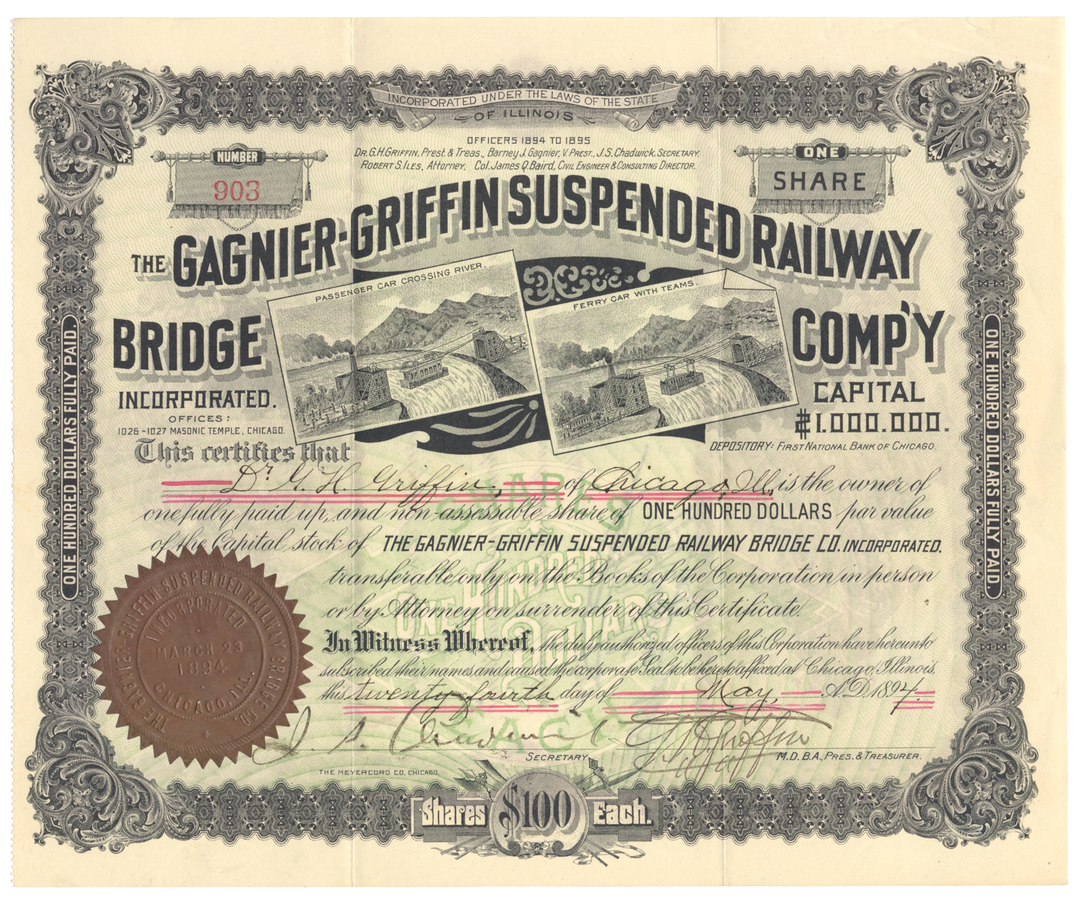 Gagnier - Griffin Suspended Railway Bridge Company, Incorporated Stock Certificate