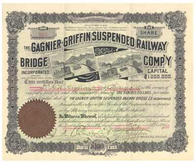 Gagnier - Griffin Suspended Railway Bridge Company, Incorporated Stock Certificate
