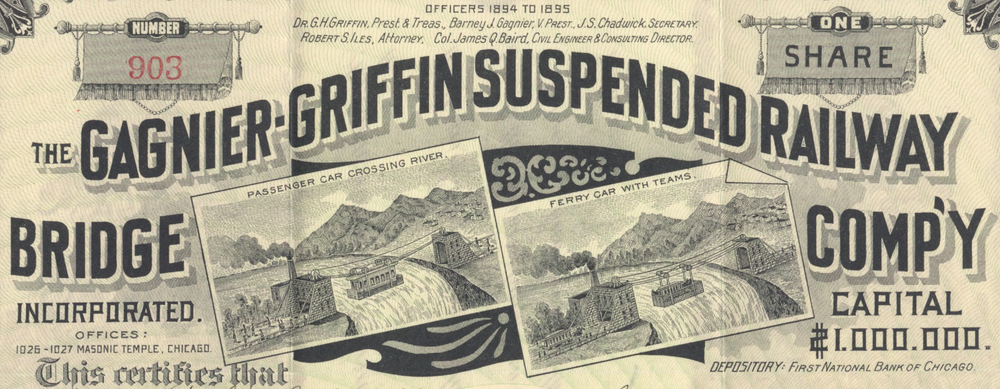 Gagnier - Griffin Suspended Railway Bridge Company, Incorporated Stock Certificate