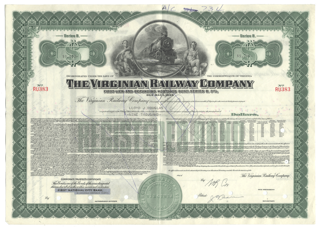 An antique vintage bond certificate from The Virginian Railway Company, dated 1969, featuring ornate green and black decorative borders and a central illustration of a steam locomotive