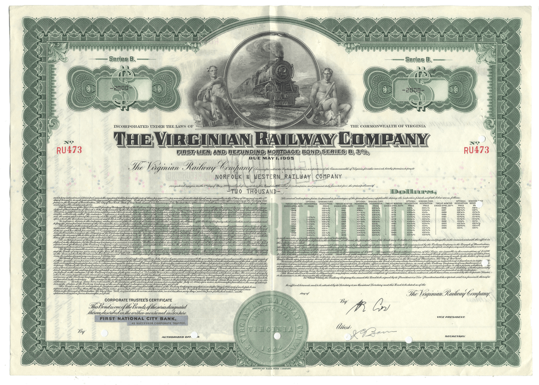 Virginian Railway Company bond certificate from 1969