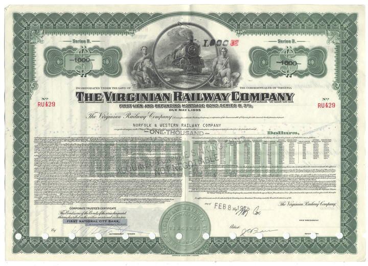Vintage bond certificate of The Virginian Railway Company with green border and train illustration.