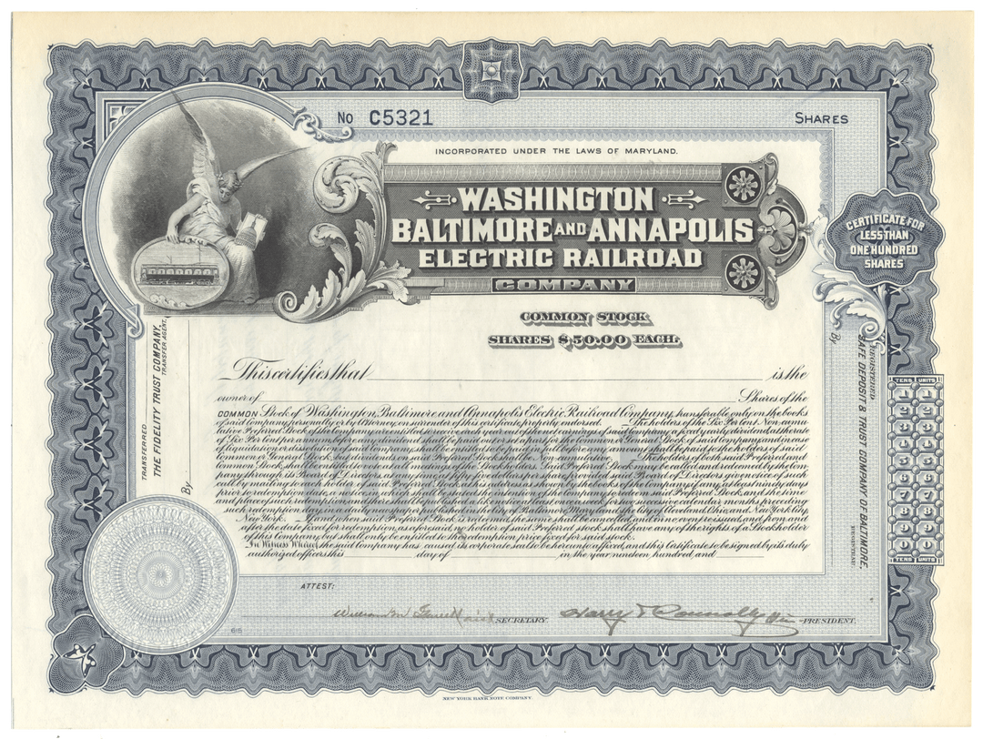 Vintage stock certificate of the Washington Baltimore and Annapolis Electric Railroad Company