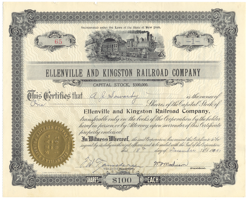Ellenville and Kingston Railroad Company Stock Certificate