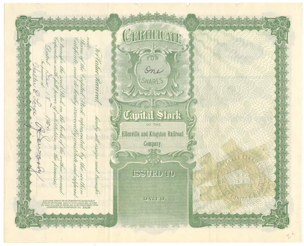 Ellenville and Kingston Railroad Company Stock Certificate