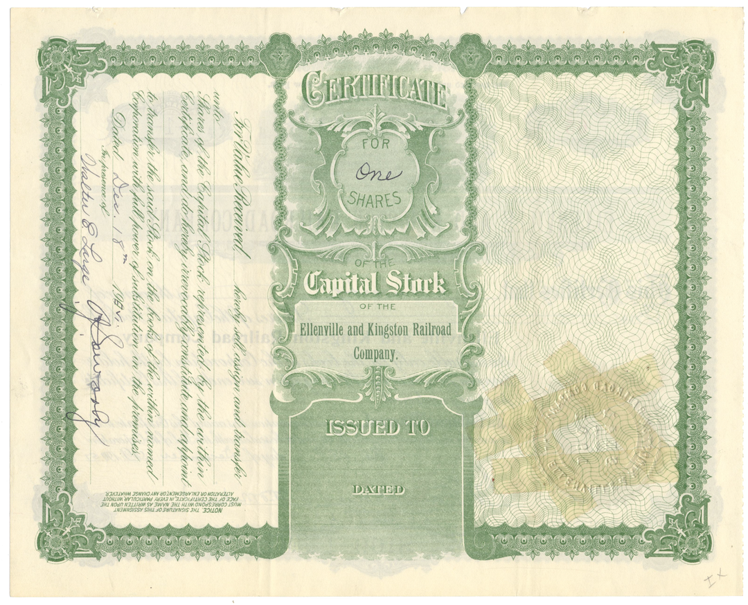 Ellenville and Kingston Railroad Company Stock Certificate