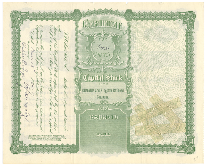 Ellenville and Kingston Railroad Company Stock Certificate