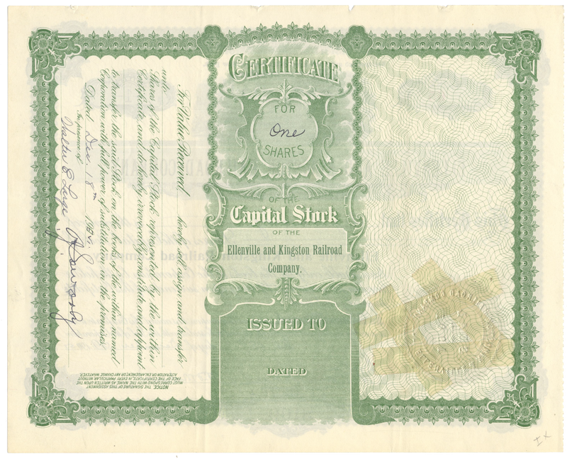 Ellenville and Kingston Railroad Company Stock Certificate