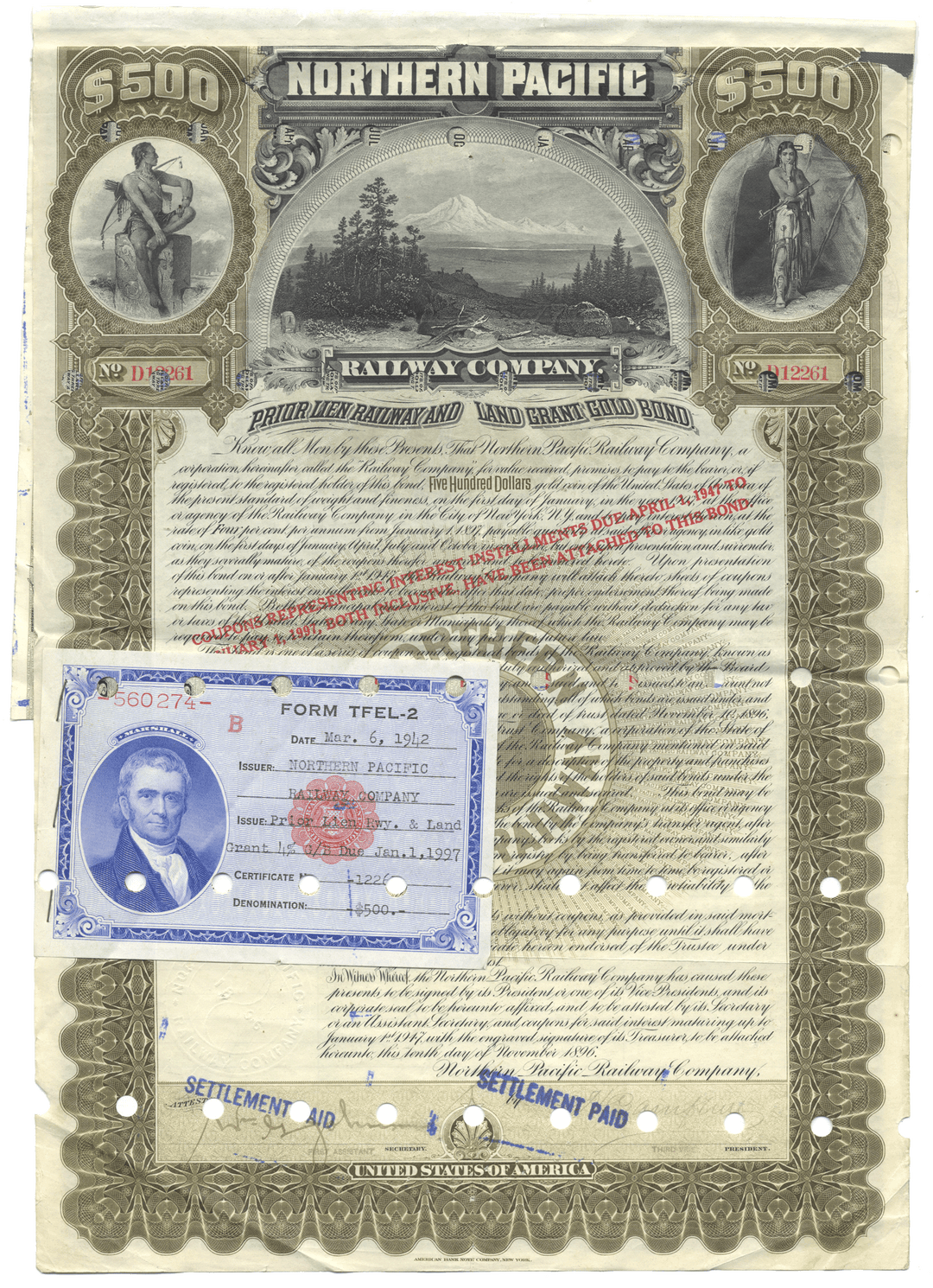 A vintage Northern Pacific Railway Company bond certificate from 1896 with Form TFEL-2  attached 
