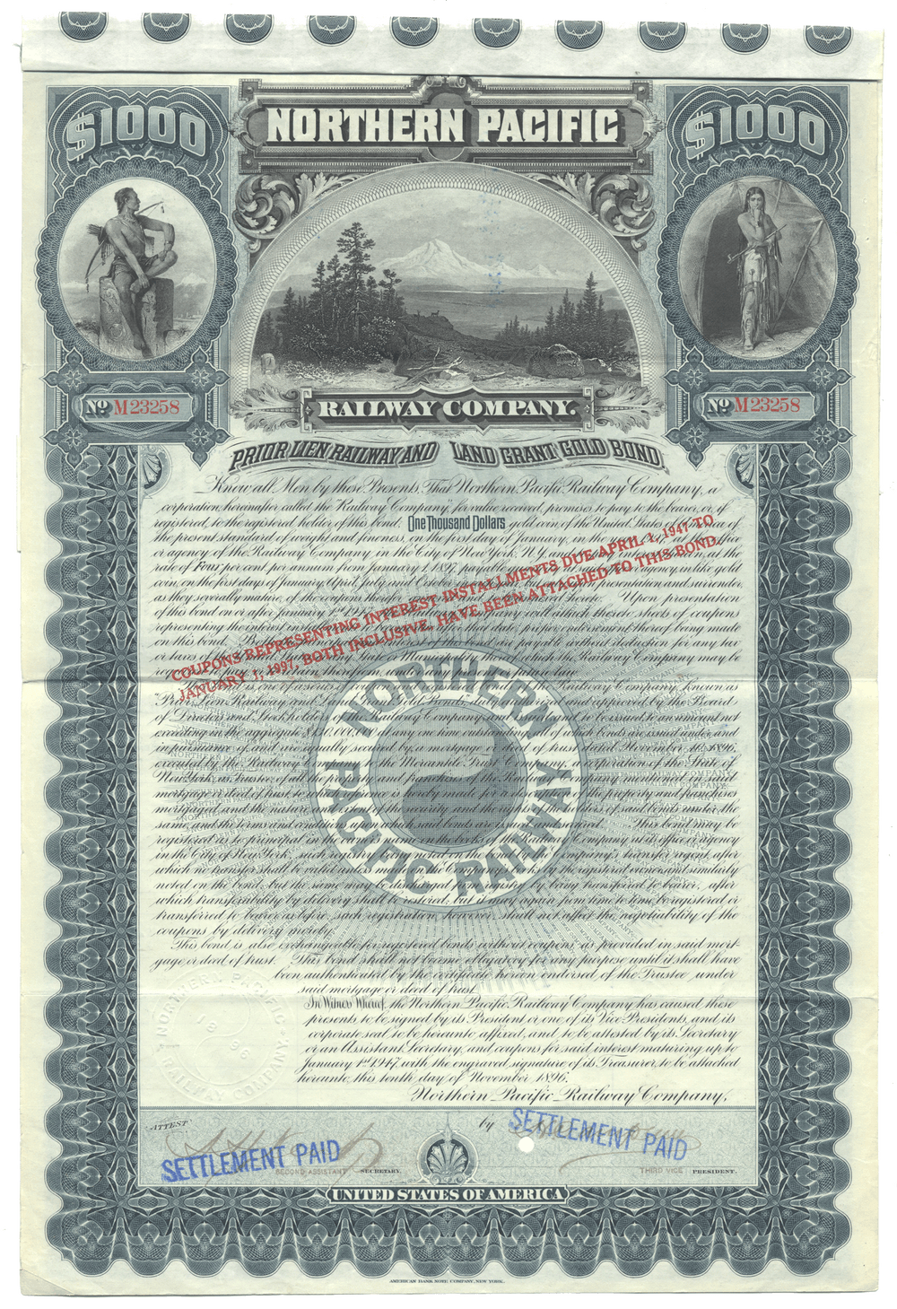 Northern Pacific Railway Company bond certificate from 1890s