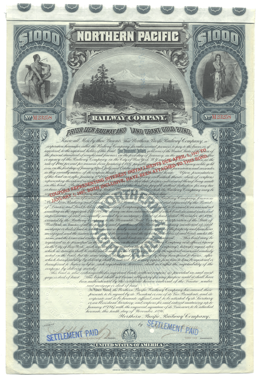 Northern Pacific Railway Company bond certificate from 1890s