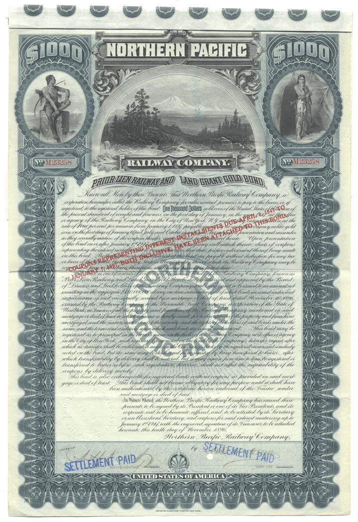 Northern Pacific Railway Company bond certificate from 1890s