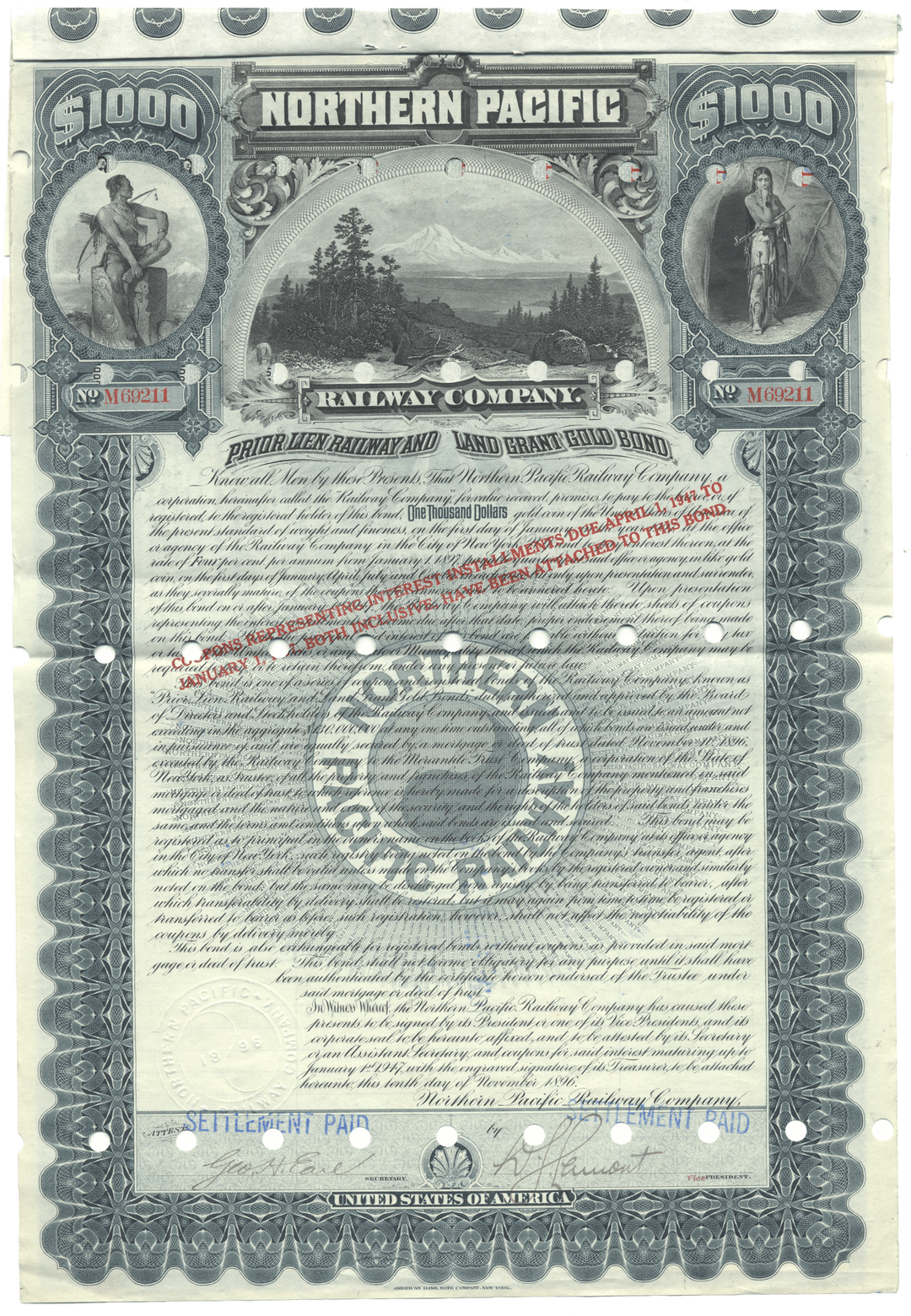 Northern Pacific Railway Company bond certificate with decorative border and text.