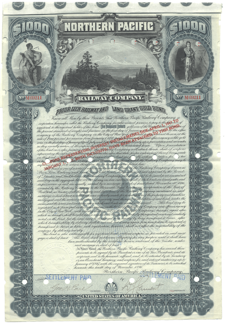 Northern Pacific Railway Company bond certificate with decorative border and text.