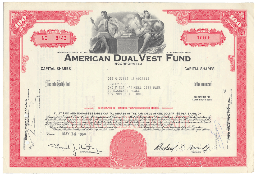 Vintage stock certificate for American Dual Vest Fund with red and white design.