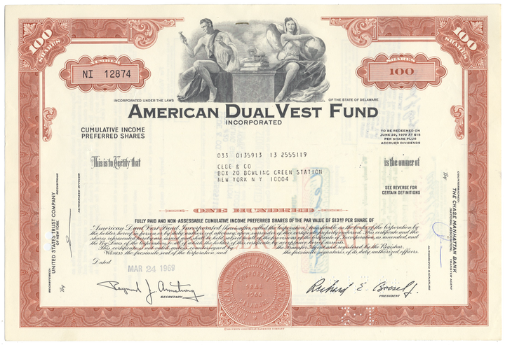 American Dual Vest Fund Stock Certificate