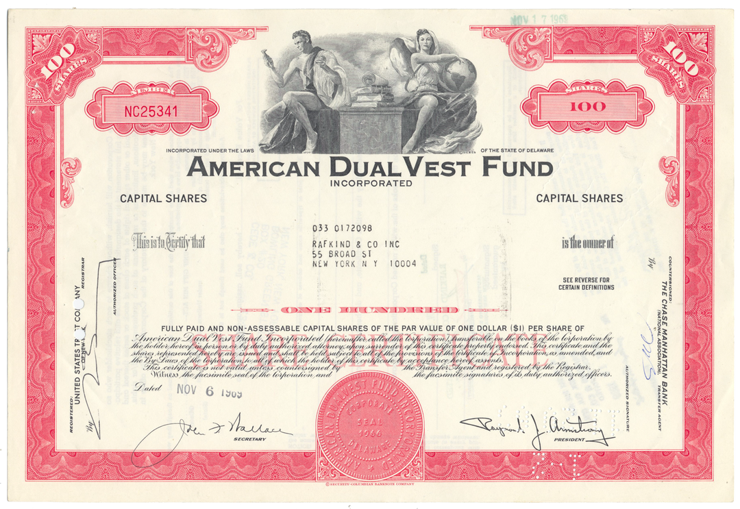 American Dual Vest Fund Stock Certificate