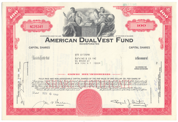 American Dual Vest Fund Stock Certificate