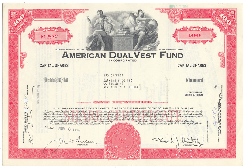American Dual Vest Fund Stock Certificate