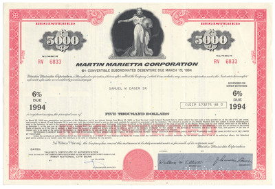 Martin-Marietta Corporation Bond Certificate