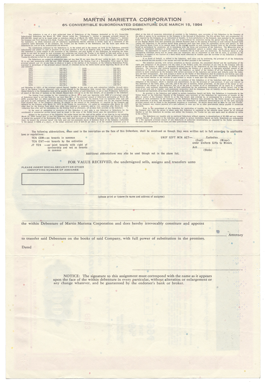 Martin-Marietta Corporation Bond Certificate