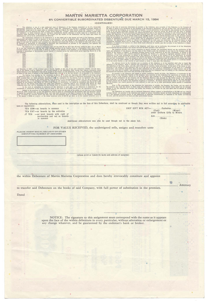 Martin-Marietta Corporation Bond Certificate