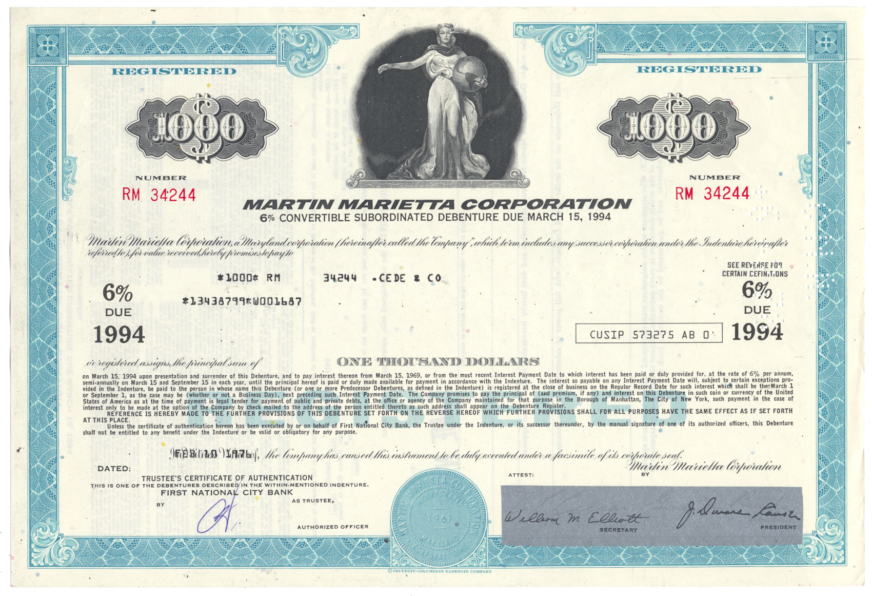Martin-Marietta Corporation Bond Certificate