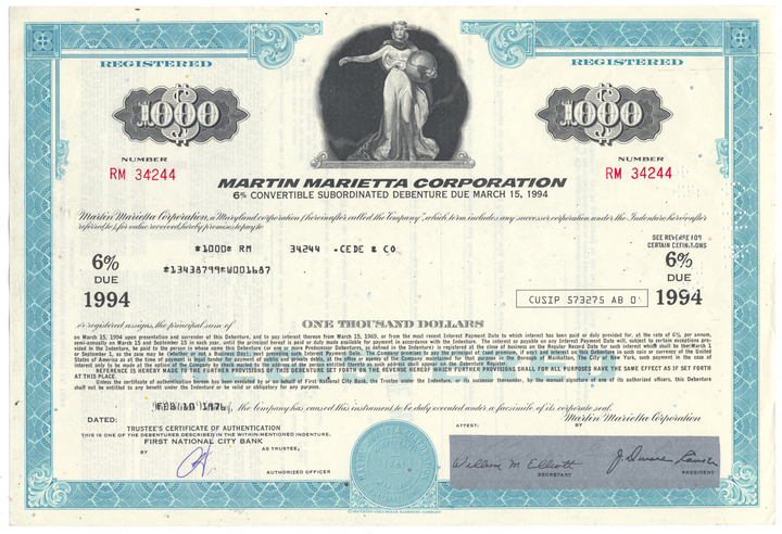 Martin-Marietta Corporation Bond Certificate