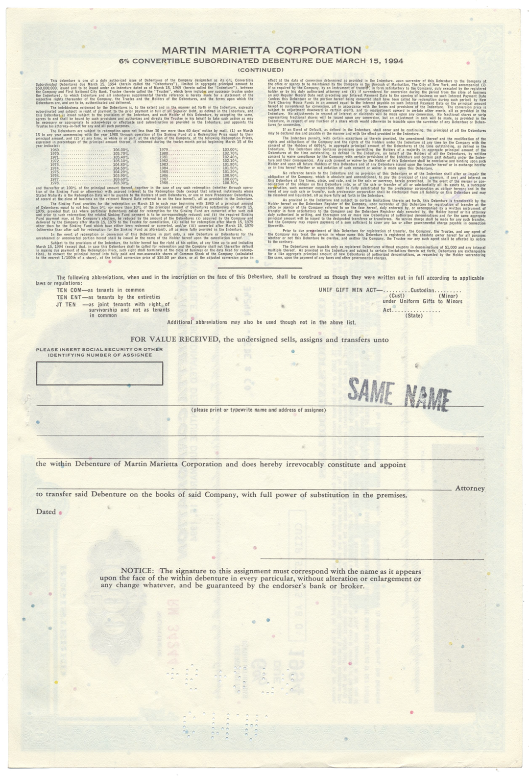 Martin-Marietta Corporation Bond Certificate