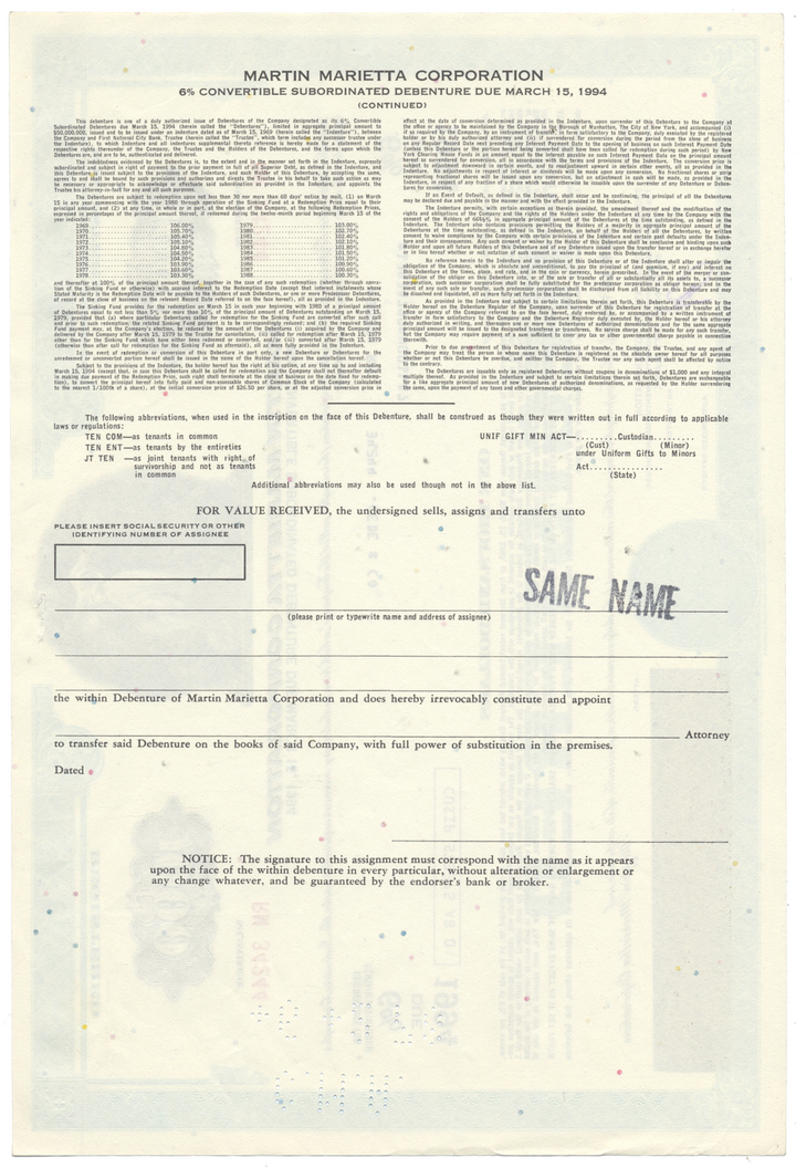 Martin-Marietta Corporation Bond Certificate