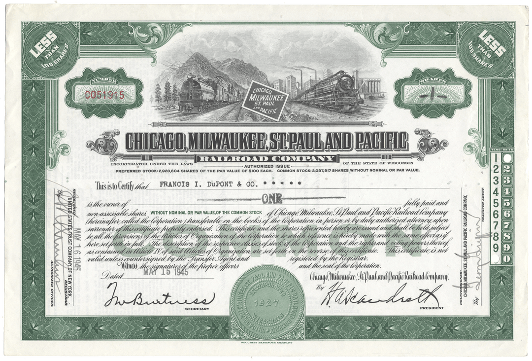 Historical stock certificate for the Chicago, Milwaukee, St. Paul and Pacific Railroad Company with green border and train illustration.