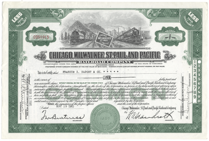 Historical stock certificate for the Chicago, Milwaukee, St. Paul and Pacific Railroad Company with green border and train illustration.