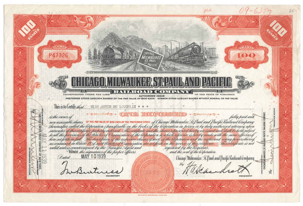 Vintage stock certificate for the Chicago, Milwaukee, St. Paul and Pacific Railroad Company 