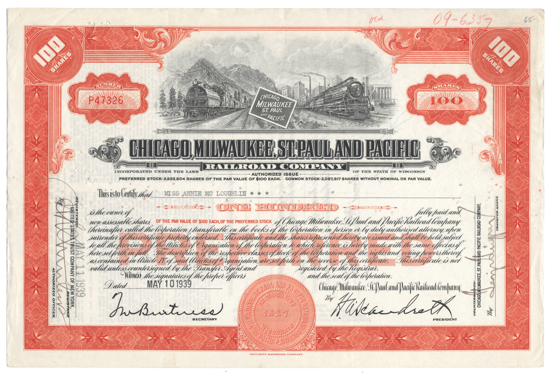 Vintage stock certificate for the Chicago, Milwaukee, St. Paul and Pacific Railroad Company 