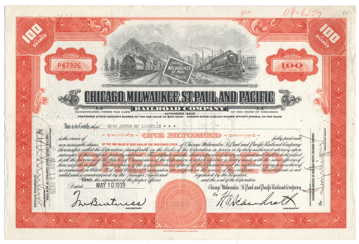 Vintage stock certificate for the Chicago, Milwaukee, St. Paul and Pacific Railroad Company 