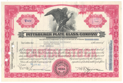 Pittsburgh Plate Glass Company Stock Certificate