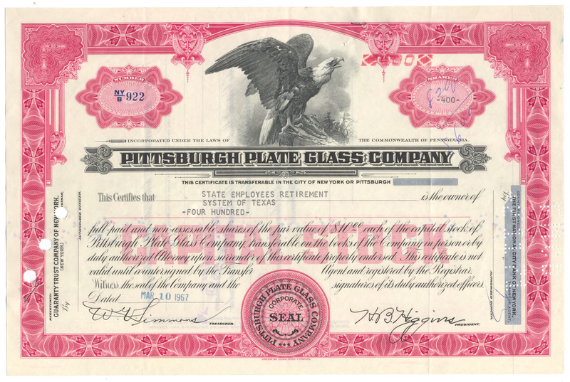 Pittsburgh Plate Glass Company Stock Certificate
