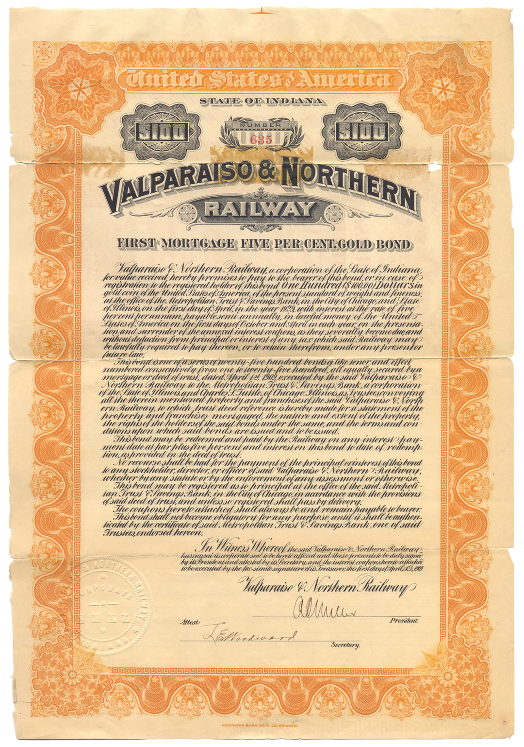 Valparaiso & Northern Railway Bond Certificate