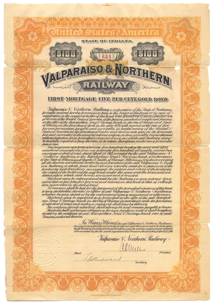 Valparaiso & Northern Railway Bond Certificate