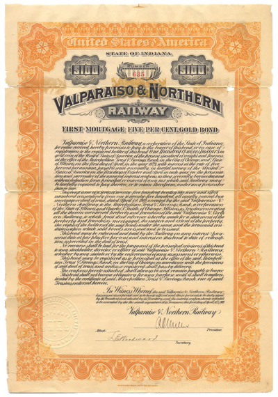 Valparaiso & Northern Railway Bond Certificate