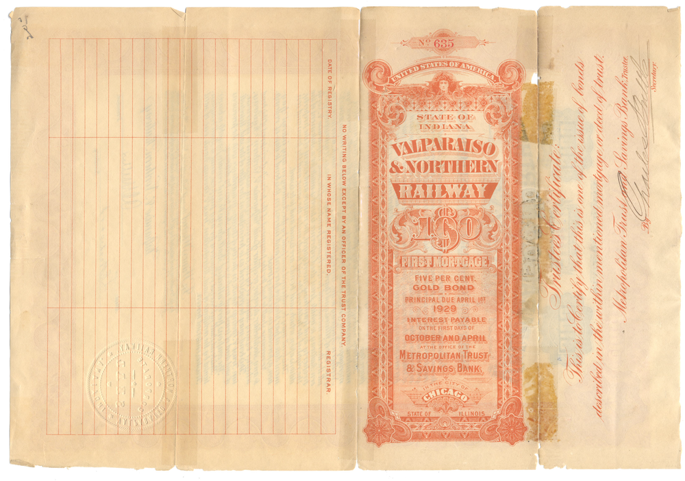 Valparaiso & Northern Railway Bond Certificate