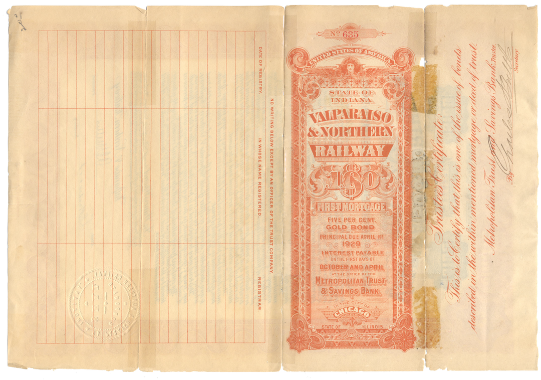 Valparaiso & Northern Railway Bond Certificate