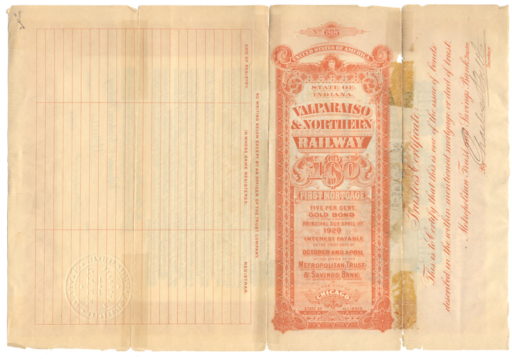 Valparaiso & Northern Railway Bond Certificate