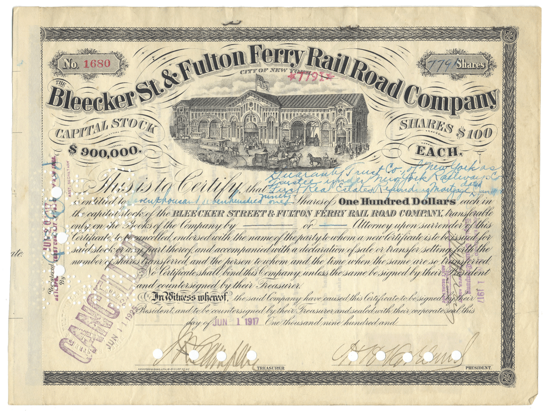 Historical stock certificate for Bleecker St & Fulton Ferry Rail Road Company with detailed text and signature