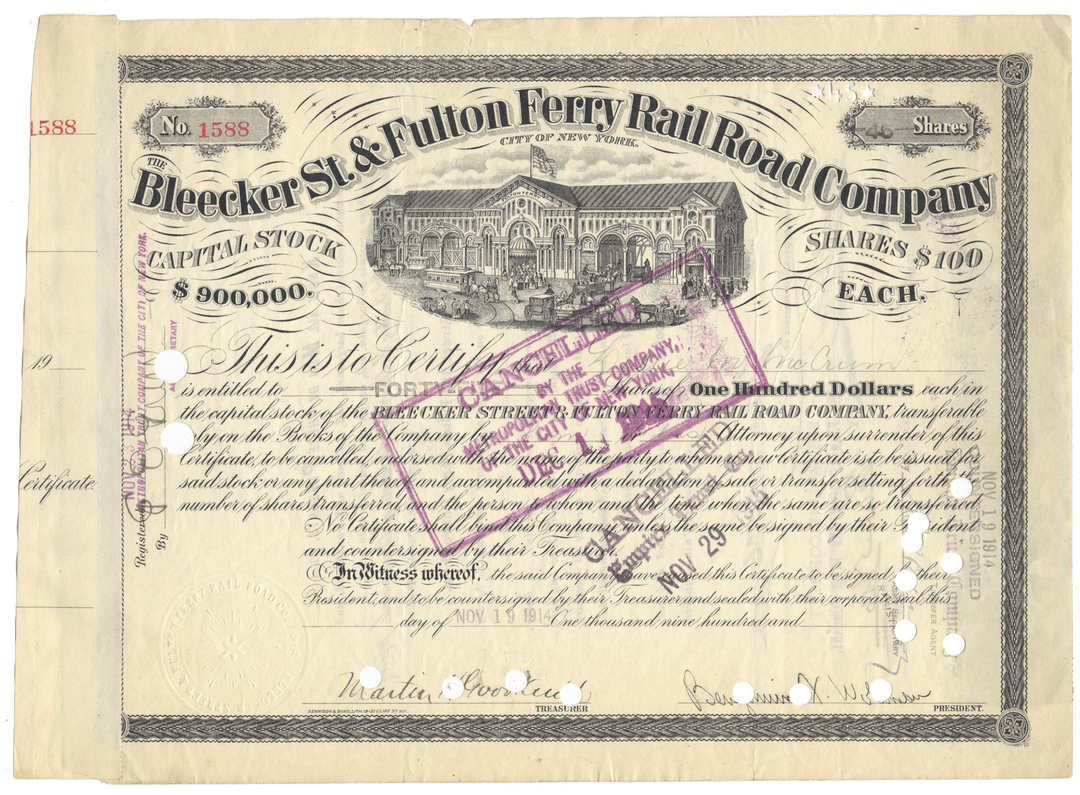 Bleecker St. & Fulton Ferry Rail Road Company Stock Certificate