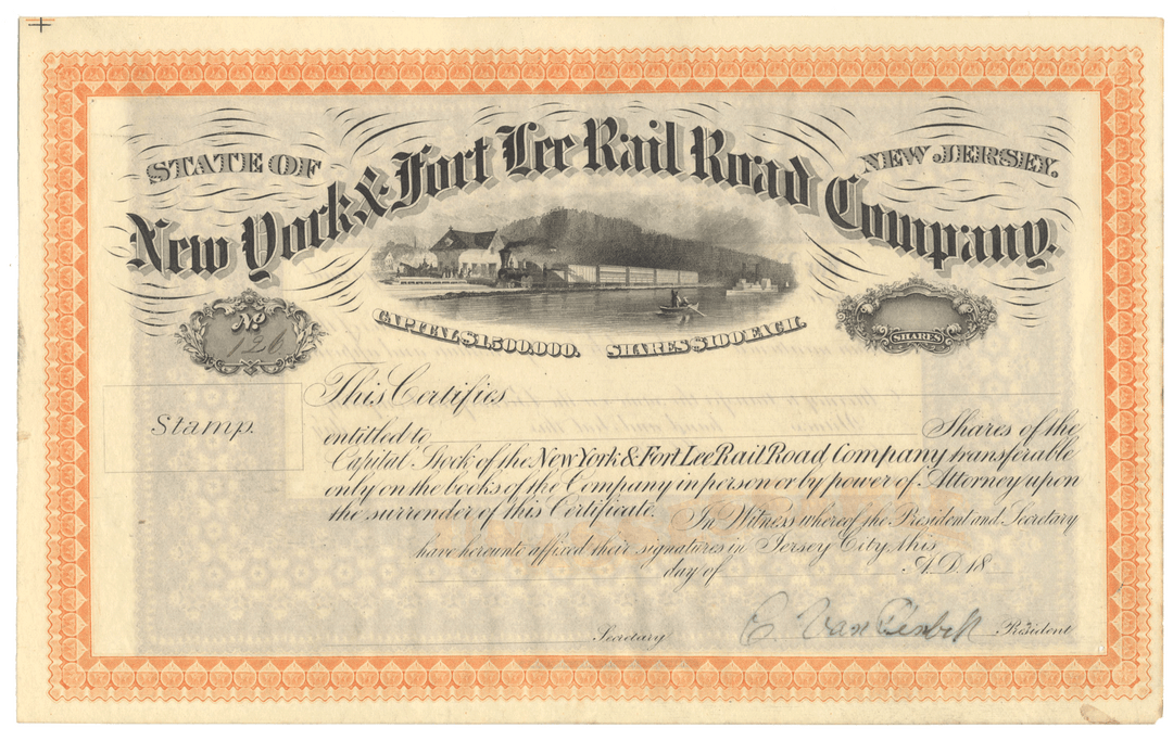 New York & Fort Lee Rail Road Company Stock Certificate Signed by Cornelius Vanderbilt