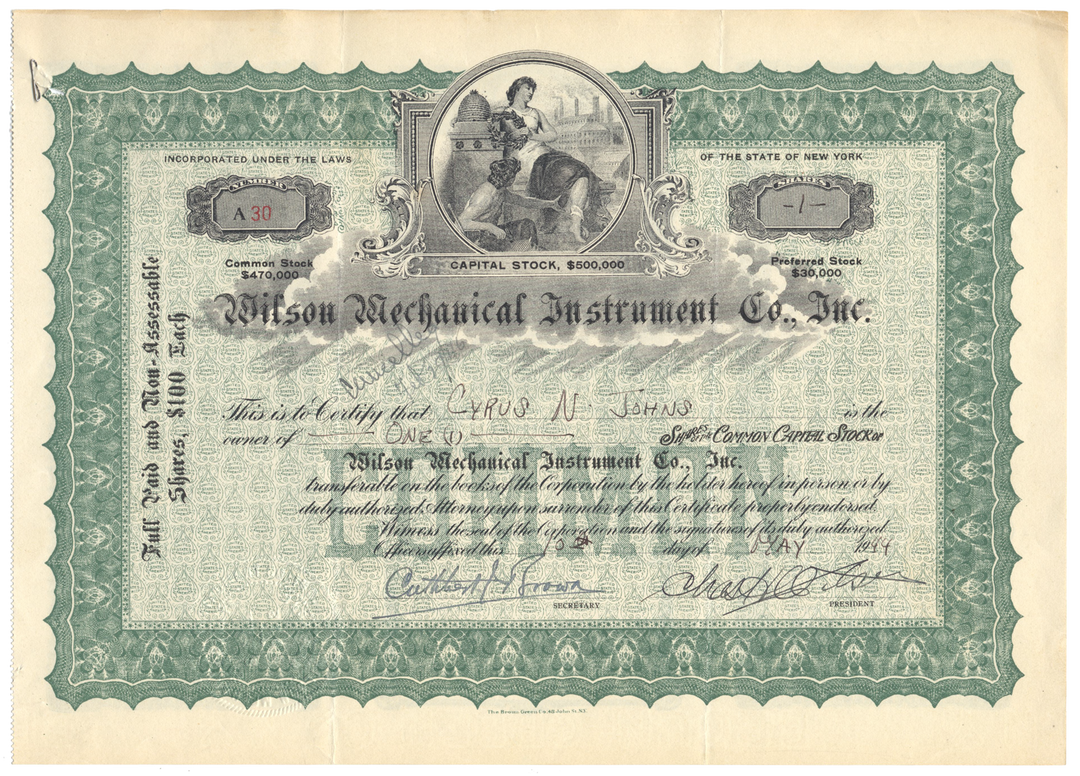 Wilson Mechanical Instrument Co., Inc. Stock Certificate