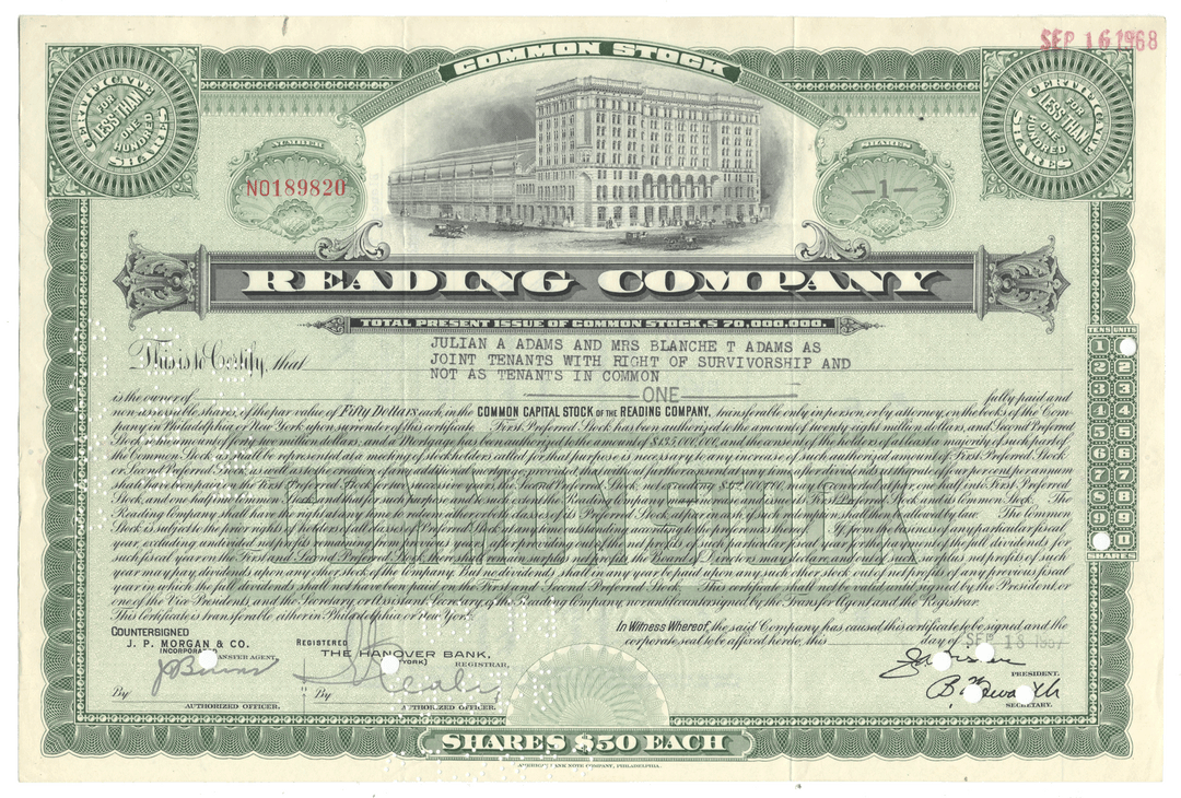 Vintage stock certificate from the Reading Company from 1957